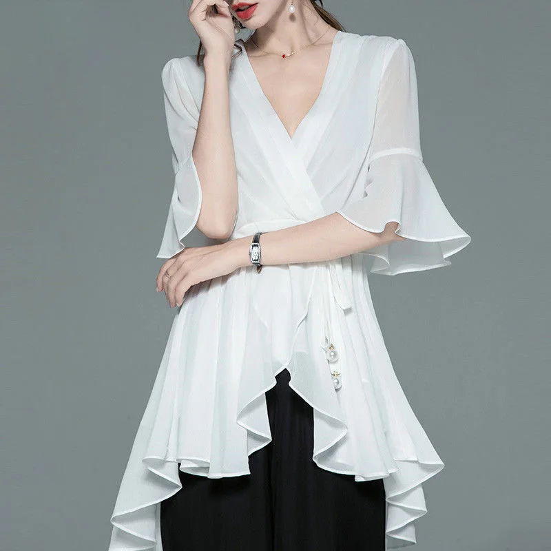 Stylish Flare Sleeve Ruffles Bandage Bow Irregular Blouse Women Clothing 2023 Summer Casual Pullover Shirring Asymmetrical Shirt
