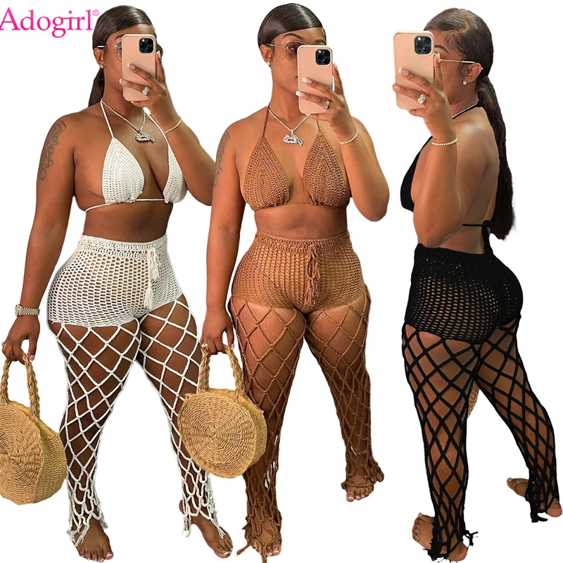 

Adogirl Hand Crochet Two Piece Set Summer Beach Outfits Women Sexy Lace Up Bra Top Hollow Out Fishnet Tassel Pants Vacation Suit
