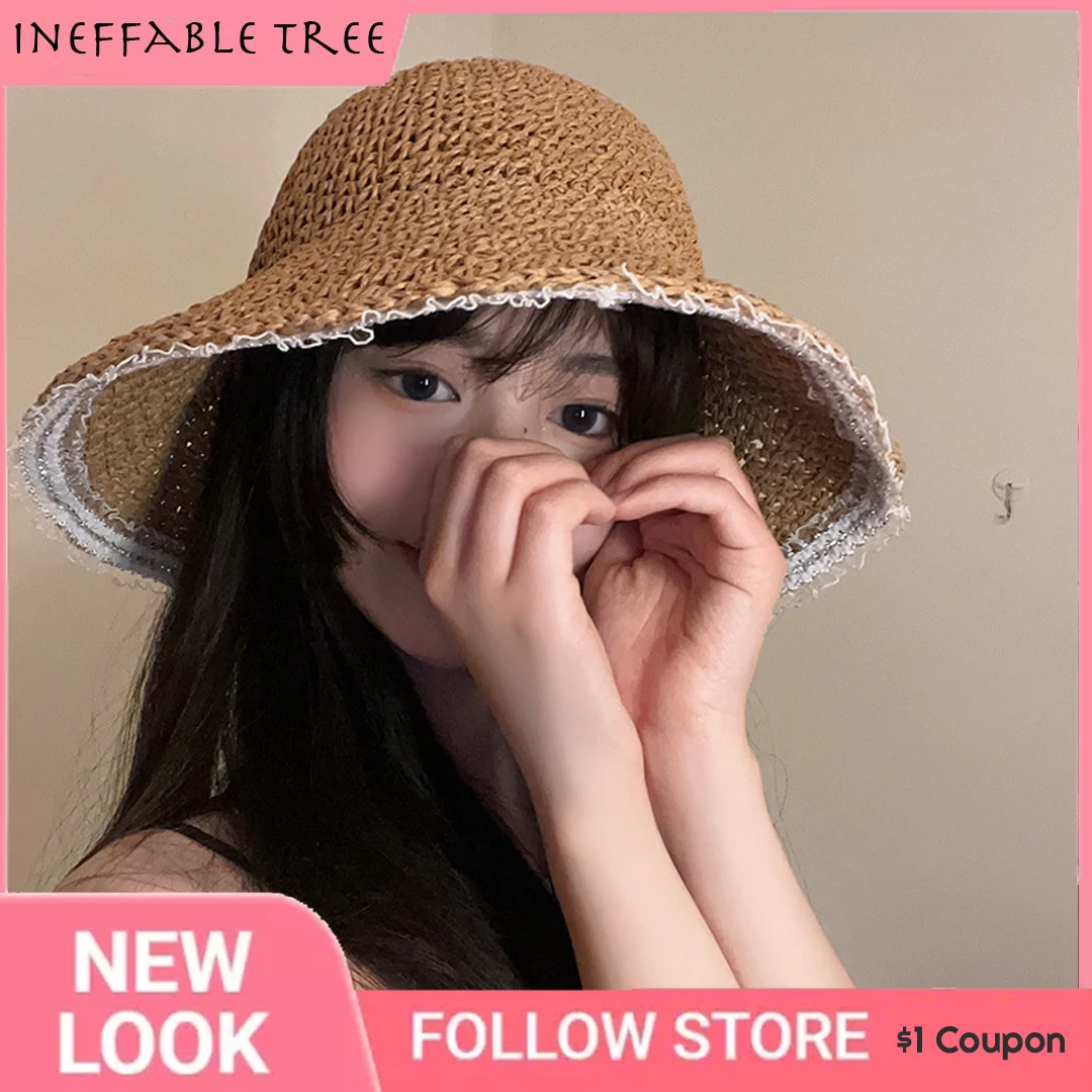 

Summer Straw Hat Lace Beach Hats Women Korean Foldable Travel Wide Brim Sun Hat Elegant Lolita Bucket Hat Holiday UV Protection