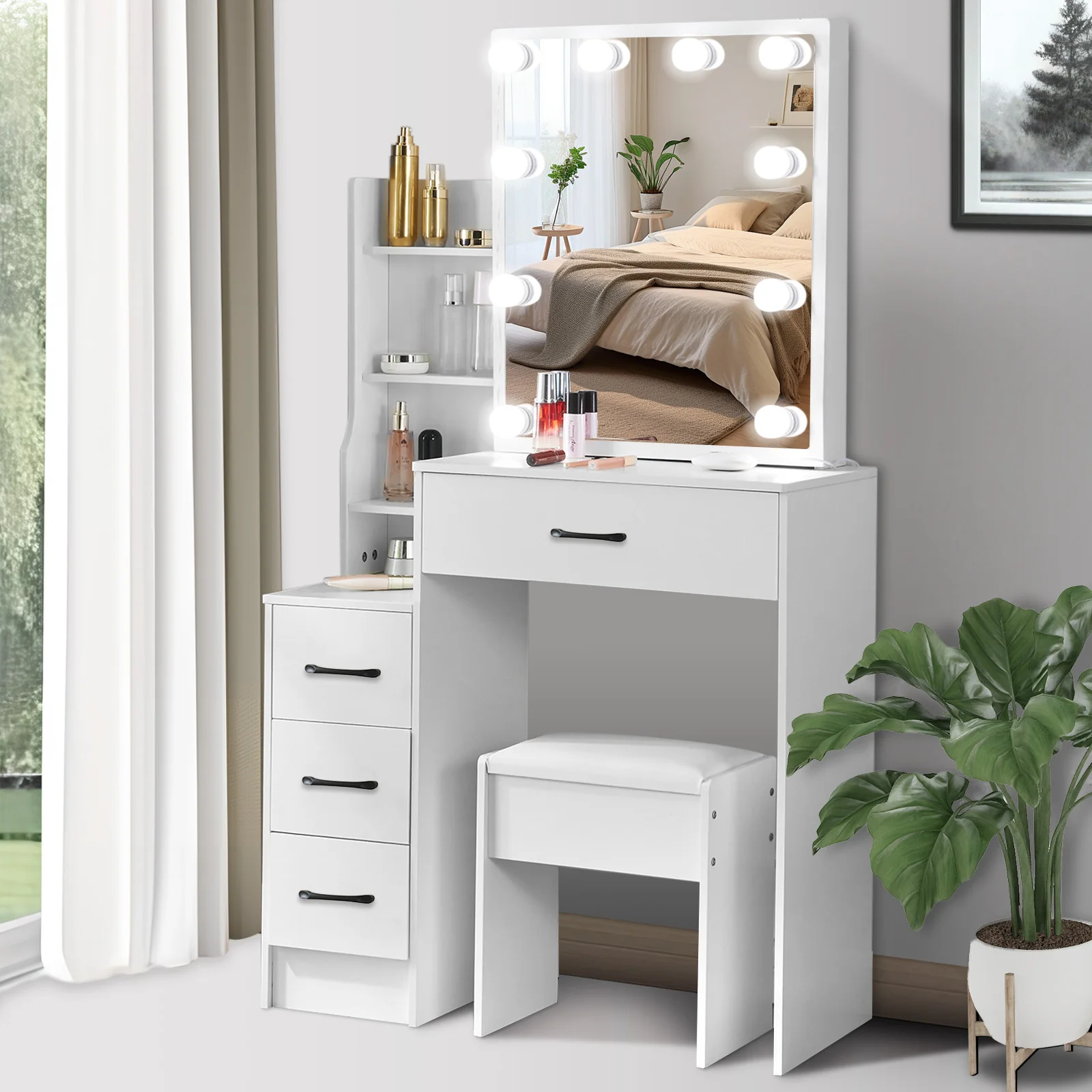 Coiffeuse de maquillage avec miroir coulissant, ensemble de bureau et tabourets à 10 lumières LED