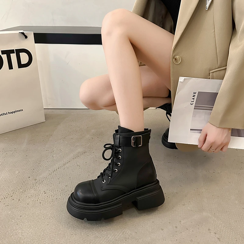 

White Ankle Boots Shoes Round Toe Boots-Women Zipper Low Med Rock Autumn Rubber 2023 Lolita Ladies Cross-tied Solid PU Fabric L