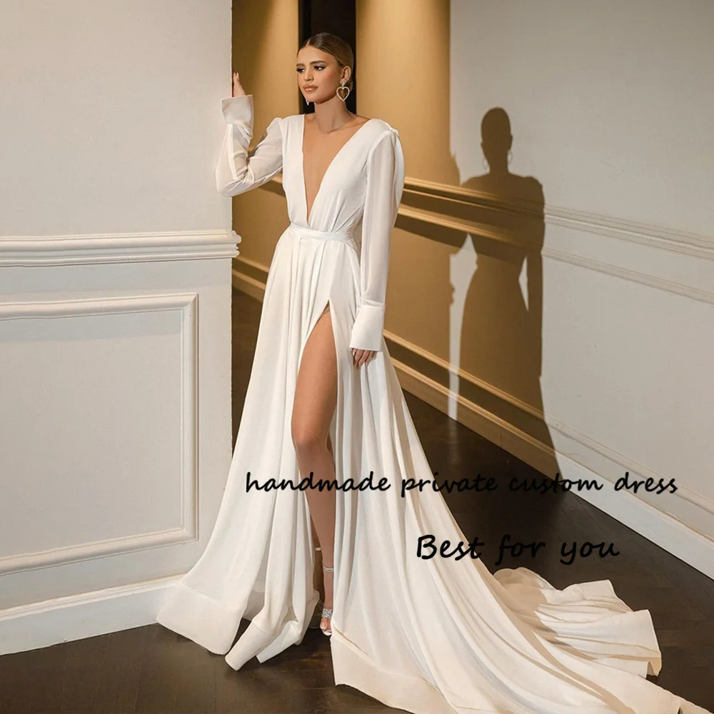 

White Chiffon Wedding Dresses Long Sleeve V Neck Beach Bride Dress Leg Split A Line Wedding Bridal Gowns Lace Up Back
