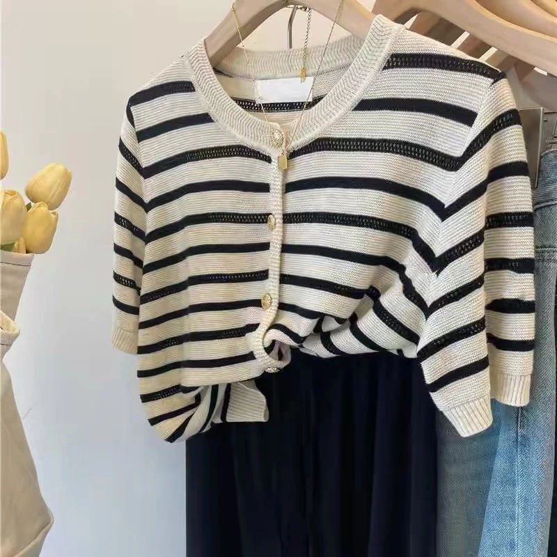 2025 New Thin Cashmere Cardigan hollow out short sleeve  women sweater Spring and summer striped Cashmere short sleeve Cardigan 3