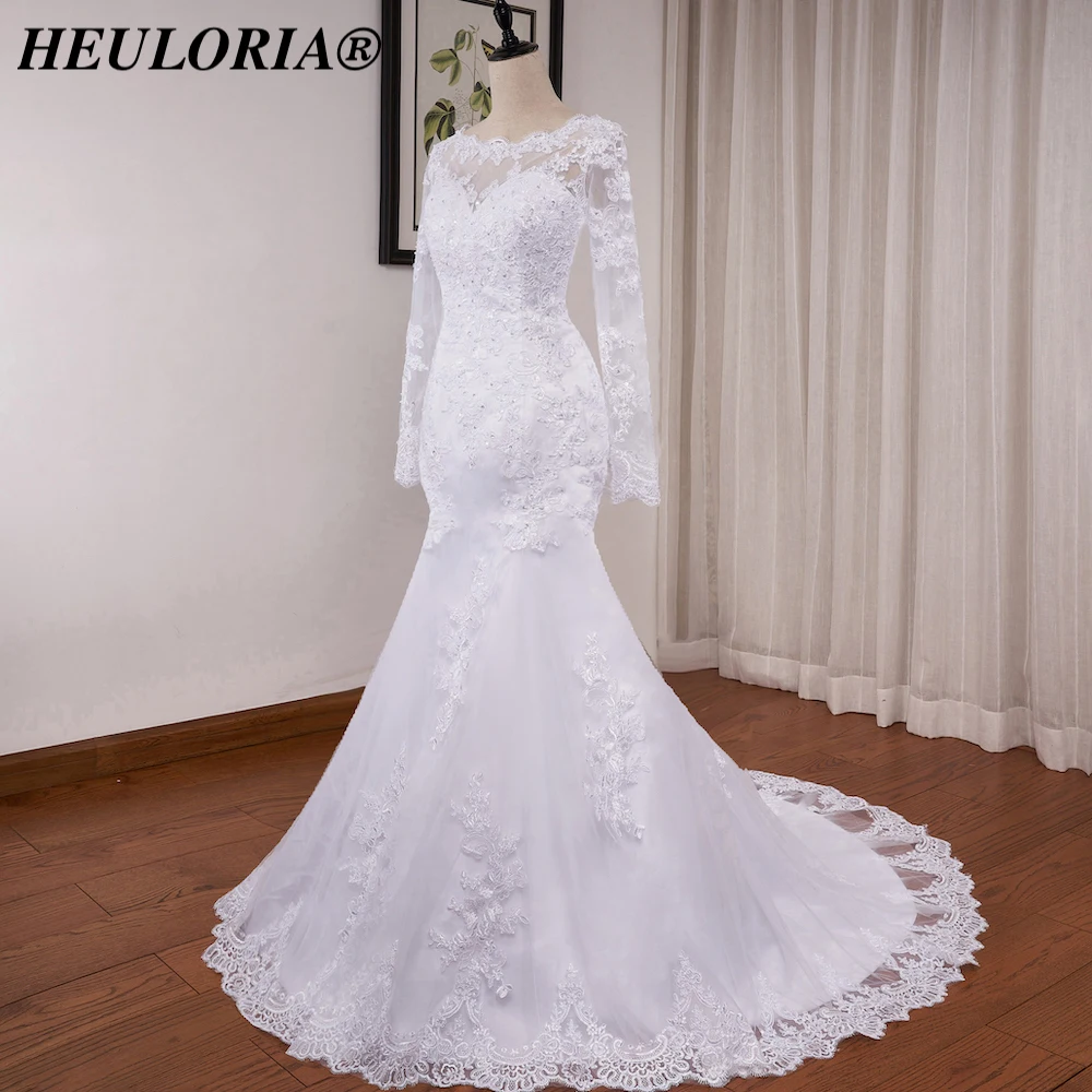 

HEULORIA vintage Mermaid Wedding Dresses long sleeve o neck bride dress Plus size lace beading Wedding dress Robe de mariage