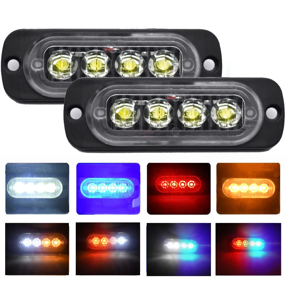 4 Led Strobe Side Warning Light Griglia Stroboscopica Lampeggiante Lightbar Car Truck Beacon Lamp Ambra Giallo Bianco Semaforo 12V - 24V