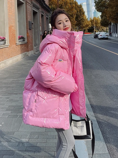 Korean Fashion Winter Short Jacket Women Waterproof Shiny Pink 90% White  Duck Down Coat Female Loose Hooded Parkas Overcoat - AliExpress