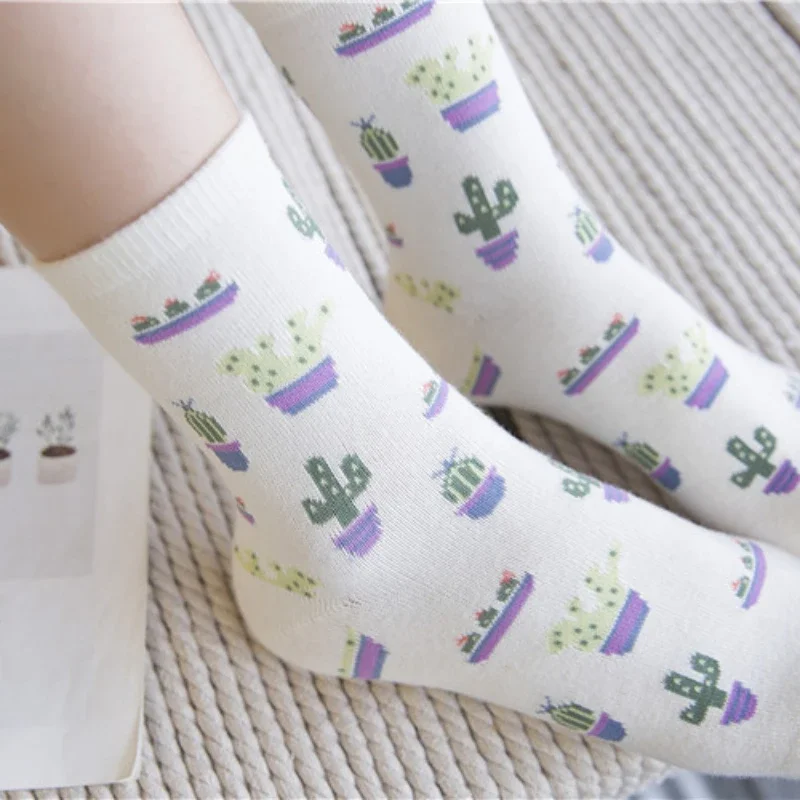 2pc Girls Medium Length Socks Korean Version Plain Color Fresh Cactus All Cotton Breathable Womens Mid Length Socks Cotton Socks 3