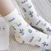 2pc Girls Medium Length Socks Korean Version Plain Color Fresh Cactus All Cotton Breathable Womens Mid Length Socks Cotton Socks 3