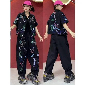 European-style Trendy Suit Women Printed Short-sleeve Top + Lightweight Denim Pants Two-piece Set 2026 Summer XY160 1