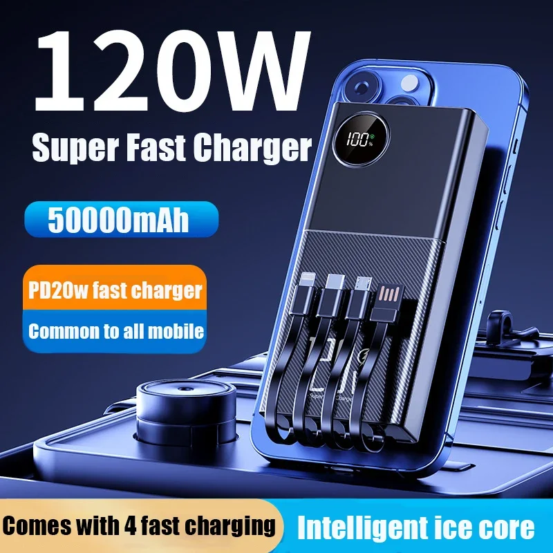 미니소 초고속 보조배터리, 대용량 50000mAh, 다양한 휴대폰에 적합한 4 개의 전선 포함, 120W