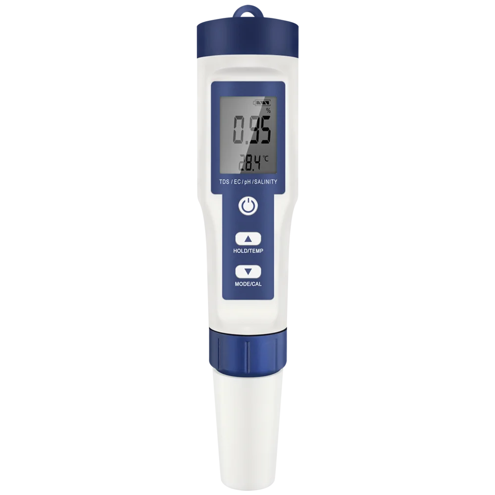 5 ב-1 מד דיגיטלי PH TDS EC עט סליניטי טמפרטורה טסטר מוביל סינון טהורות עם תאורה אחורית למים באקווריום