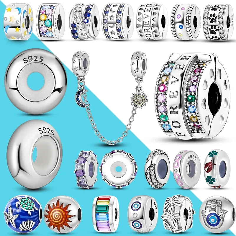 Charm Bead 925 Sterling Silver Clip Charms Safety Chain Silicone Stopper Fit Jewelry Making for Pan Bracelet DIY