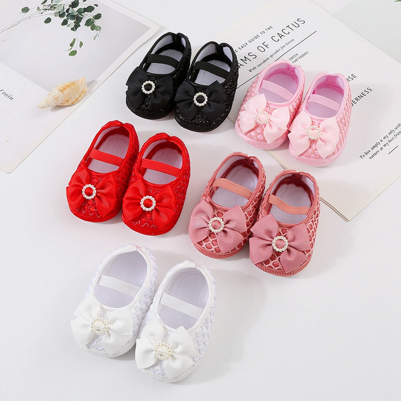 

0-12M Newborn Baby Girls Baptism Shoes and Headband Set Bowknot Woven Mary Jane Flats First Walkers Crib Shoes
