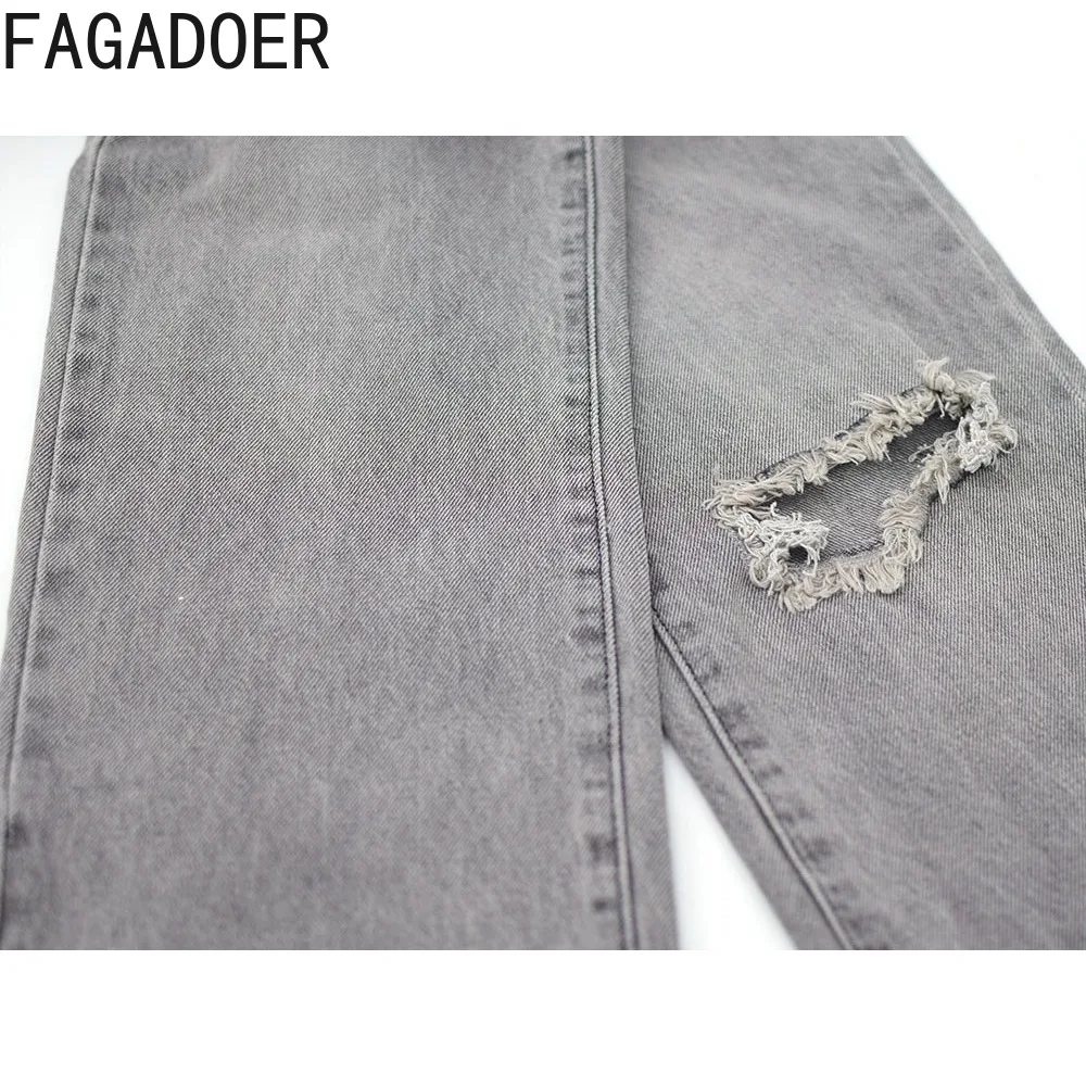 FAGADOER Gray Casual Hollow Hole Straight Denim Pants Women High Waisted Button Loose Trousers Fashion Bottoms Streetwear 2023