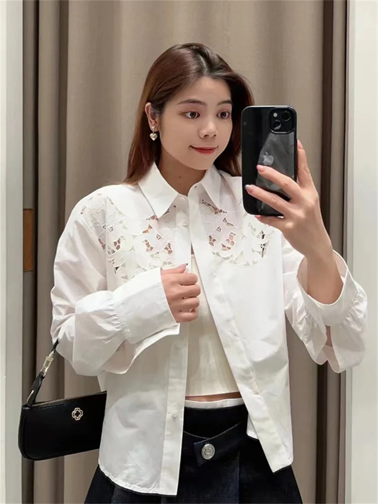 

Spring 2024 Women Floral Embroidery Hollow Out Shirt Covered Buttons Turn-Down Collar Elegant Female White Blouse