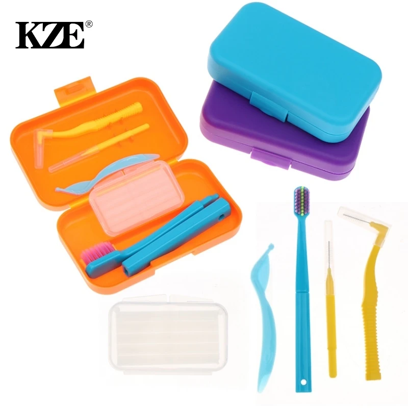Orthodontic Oral Care Kit Portable Toothbrush Box Orthodontic Wax Foldable Toothbrush Interdental Brush Teeth Whitening Tool