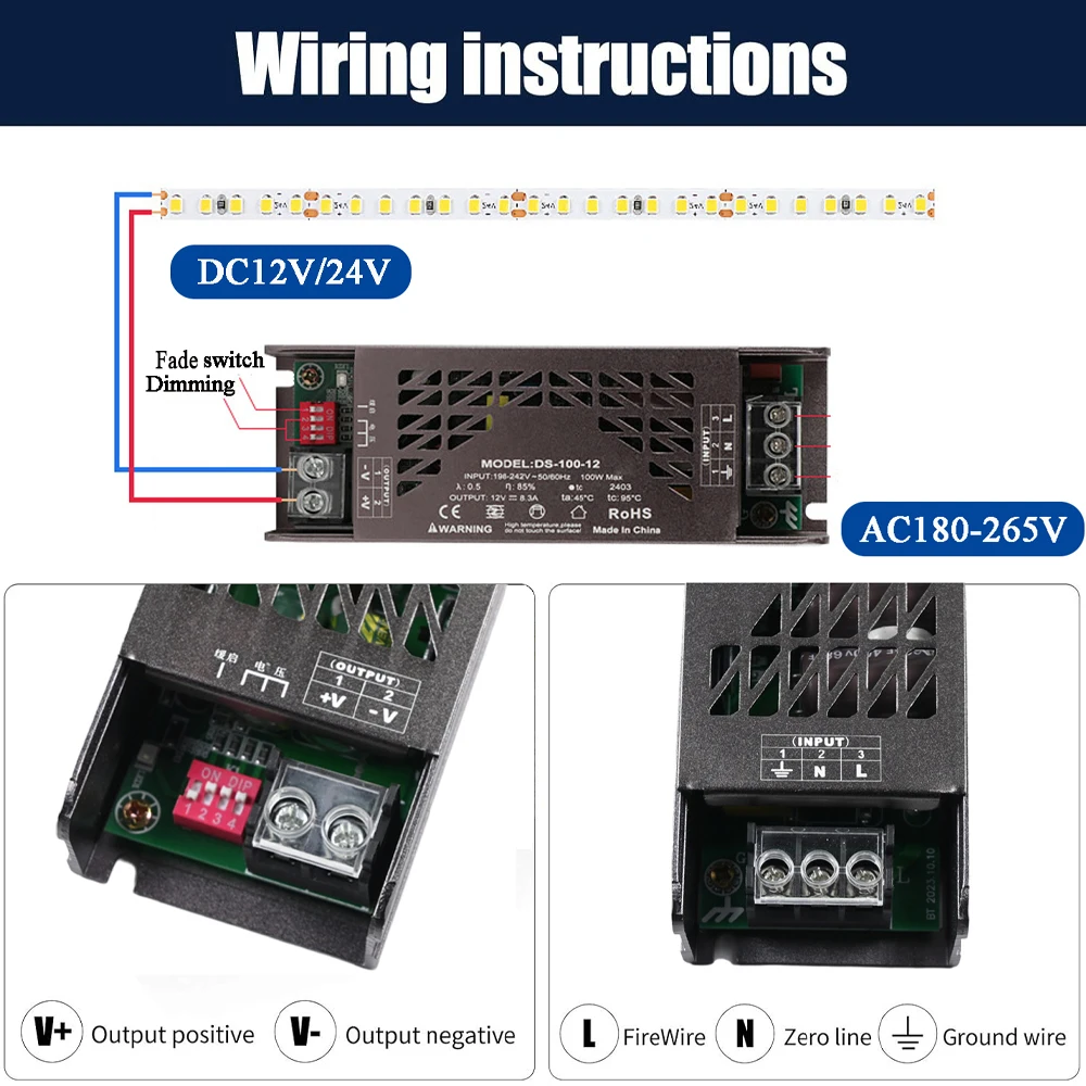 페이드 모드 LED 전원 공급 장치 음소거 조명 장치 DC 12V 24V 60W 100W 200W 변압기 디밍이 가능한 LED 조명 드라이버 전원 어댑터