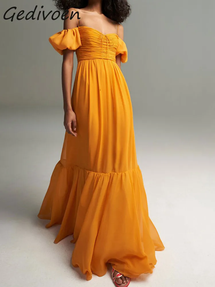 

Gedivoen Fashion Designer Summer Orange Sling Dress Women's Slash Neck Bow-Frenulum Sexy Backless Ruffles Vintage Midi Dress