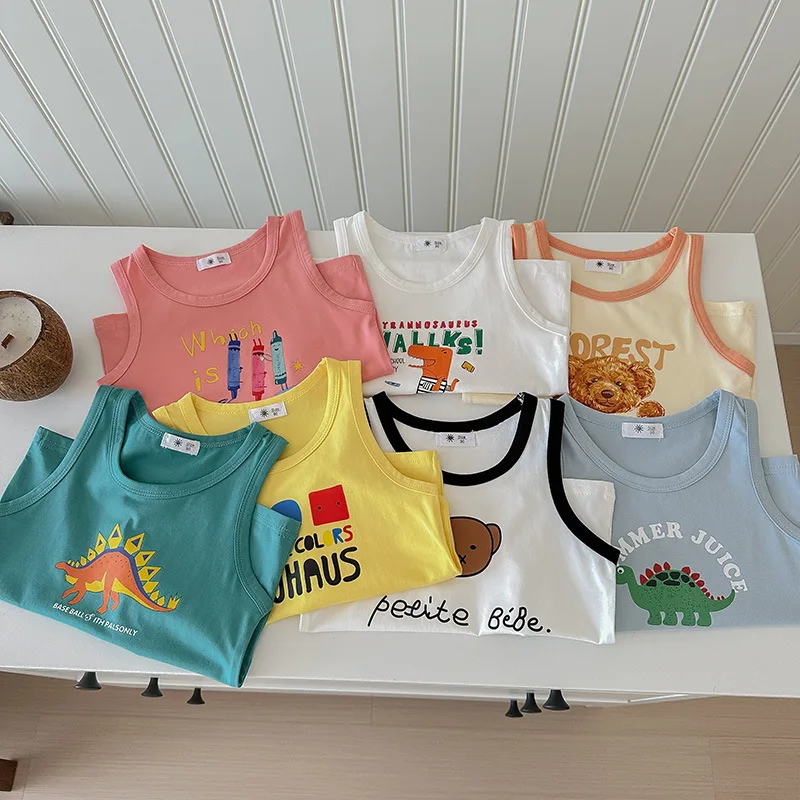 

2024 Summer Young Babys Girl Tees Cotton Cartoon Printed Little Girls Vest Loose Sleeveless Bear Contrast Toddler Girls T-shirts