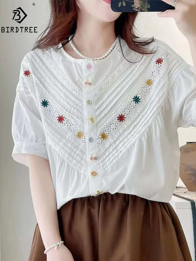 

New Spring Cotton Shirt Women Short Sleeve Lace Floral Embroidery OL Top Girl O Necks Casual Loose Blouses 2024 Summer T44547QM