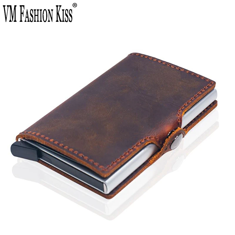 

Men Rfid Wallet Crazy Horse Hide Hasp Credit Business Card Holder Genuine Leather Minimalist Metal Women Purse Men's Wallet