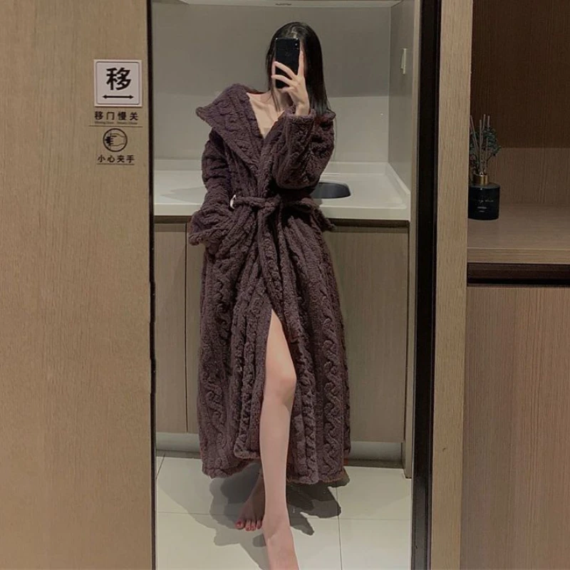 Flannel Robes Women Winter Thick Warm Midi Home Sleepwear Cozy Night Sexy Clothing Korean Fashion Tender Ropa Mujer Casual New