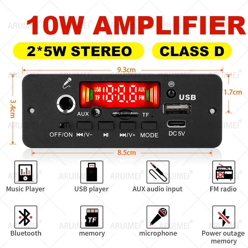 Harimei 10w amplificador digital mp3 placa decodificadora dc 5v bluetooth 5.0 fm suporte microfone carro mp3 player com controle remoto