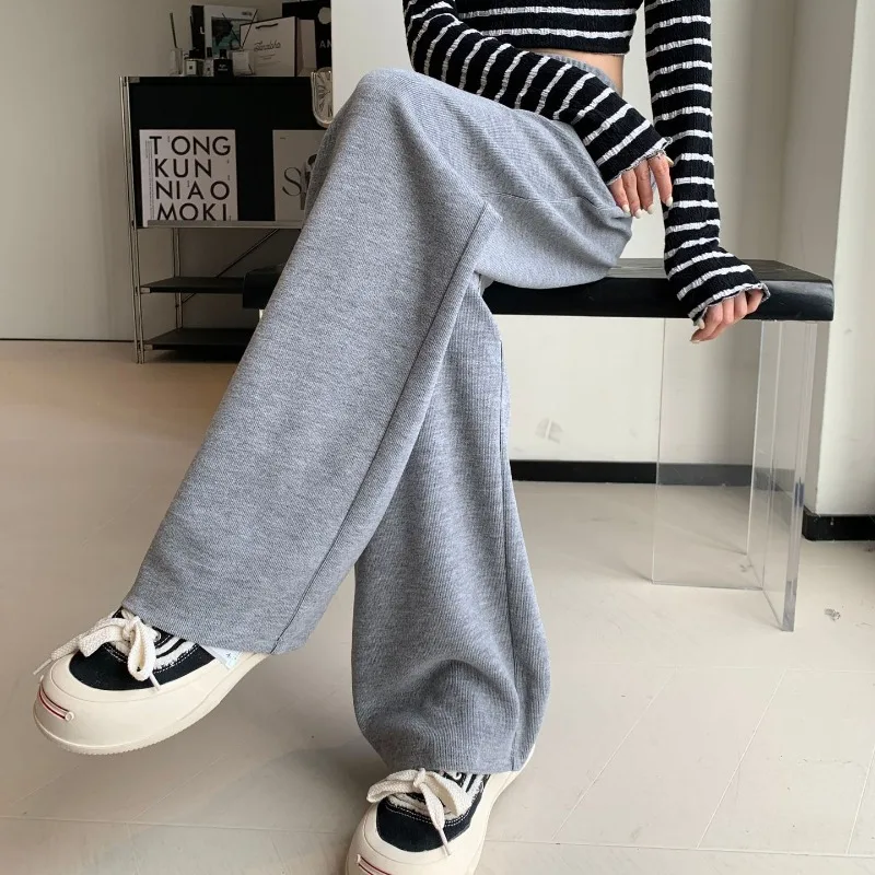 Autumn and Winter Women's Elastic Waist Solid Color Drawstring Pocket Plush Thickened High Waist Wide Leg Sports Fashion Pants