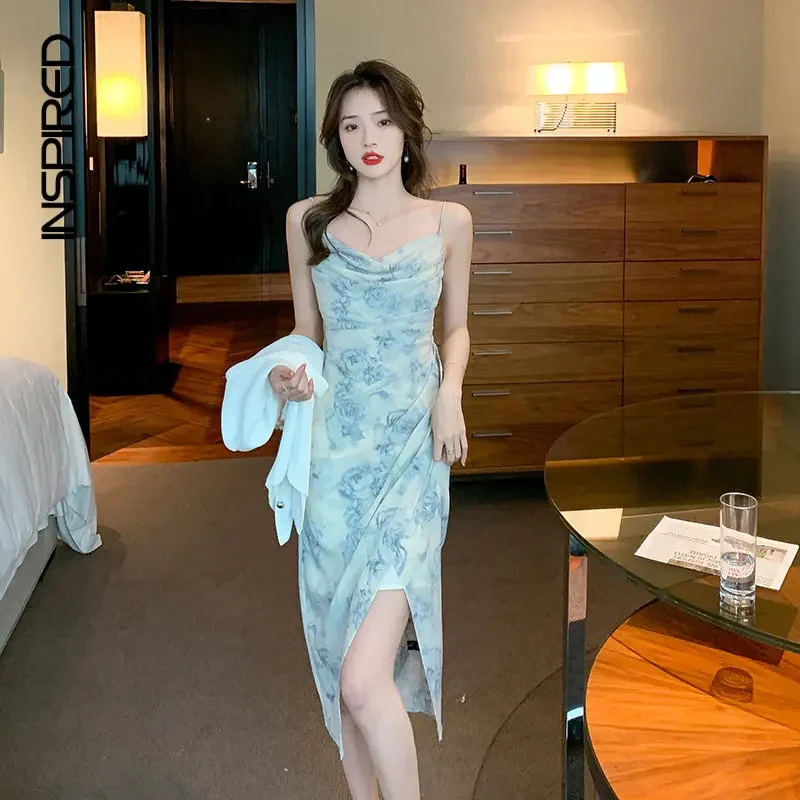 

Женское шифоновое платье с цветочным принтом, нежное летнее платье средней длины с разрезом во французском стиле, лето 2024