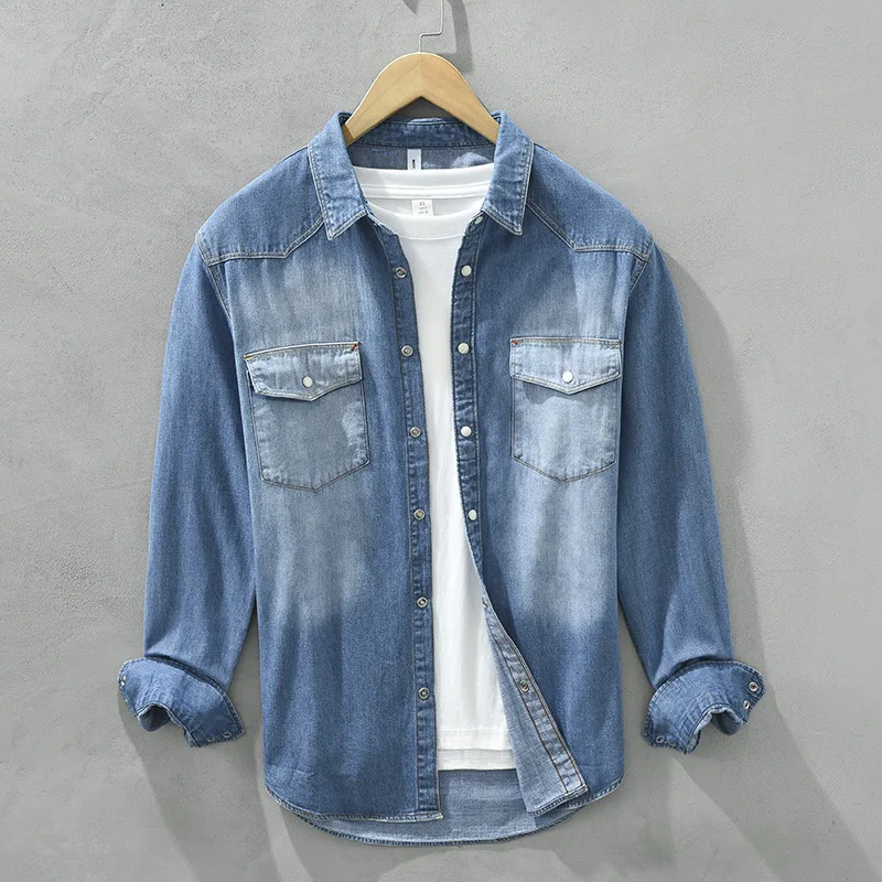 Spring Retro Denim Shirts Men Casual Cotton Gradient Men Clothing C8807 denim shirt long sleeved shirt