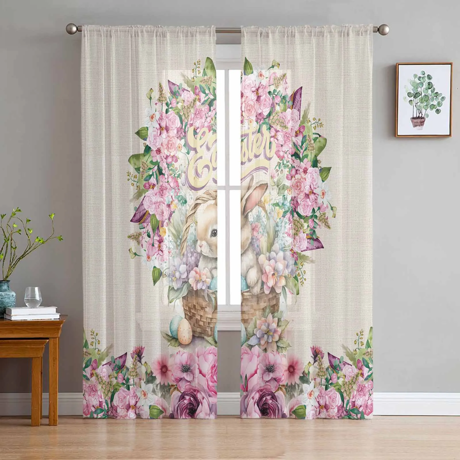 

Rabbit Flower Watercolor Easter Purple Tulle Curtains for Living Room Sheer Curtain for Bedroom Kitchen Blinds Voile Curtains