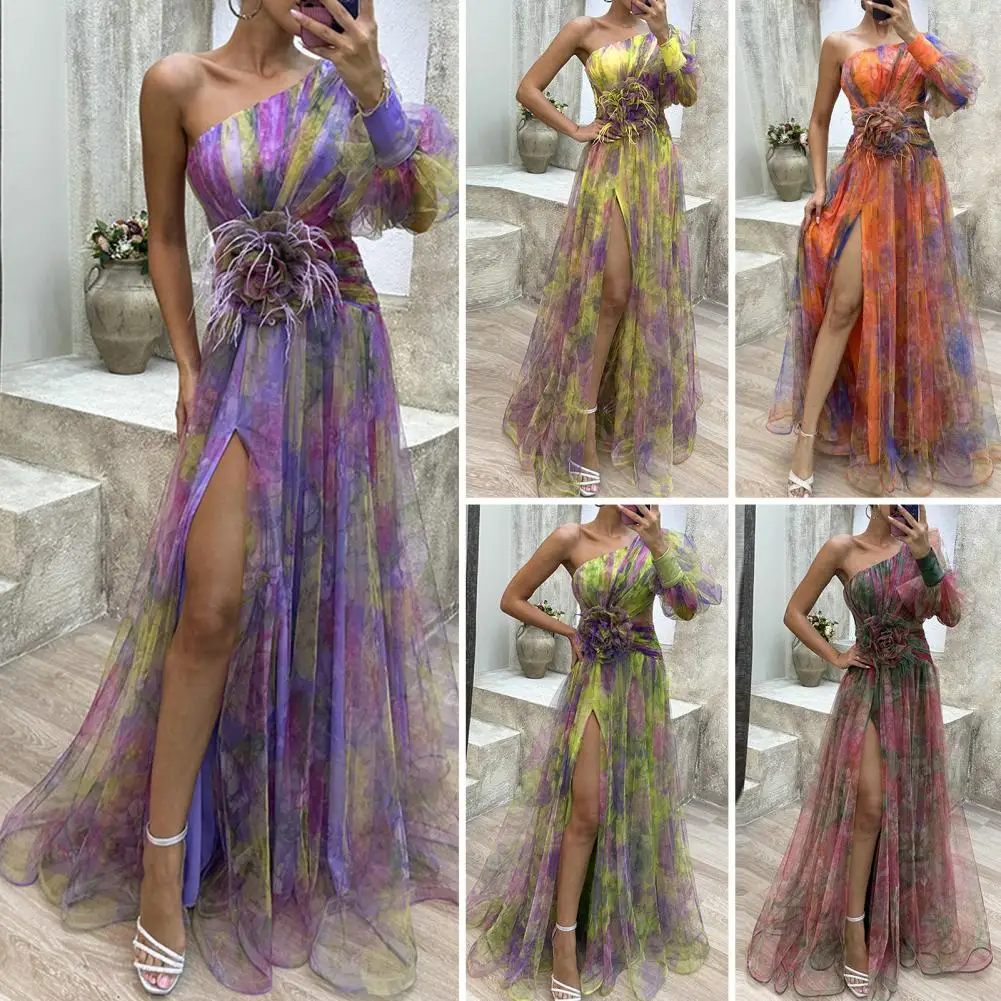 

Tie-dye Print Off-shoulder Dress Elegant One Shoulder Tie-dye Ball Gown with Mesh Bubble Sleeves Split Hem Women's Evening Dress