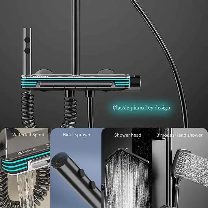 Luxury Piano Digital Bathroom Shower Set 12 Inch Rainfall Shower Head Hot Cold Bathroom Faucets Thermostatic Piano Shower System 3