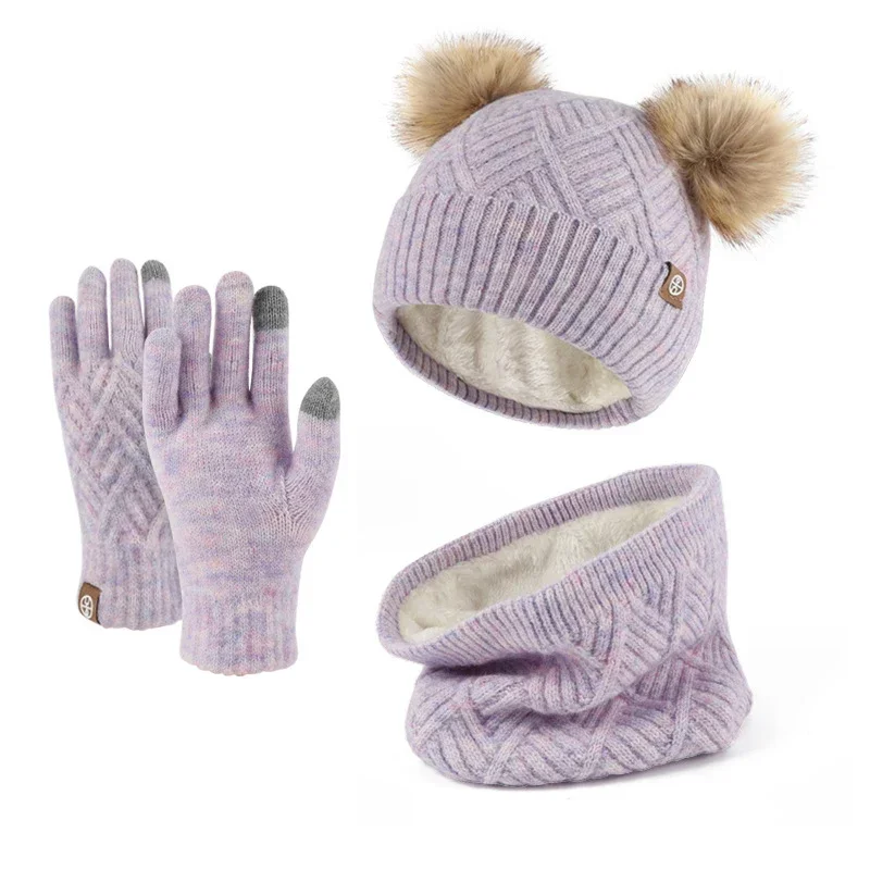 Set 3pcs Children Winter Beanies Scarf Gloves Cute Fur Pompoms Fleece Lining Boys Girls Kids Winter Warm Set Junior 5-12Years