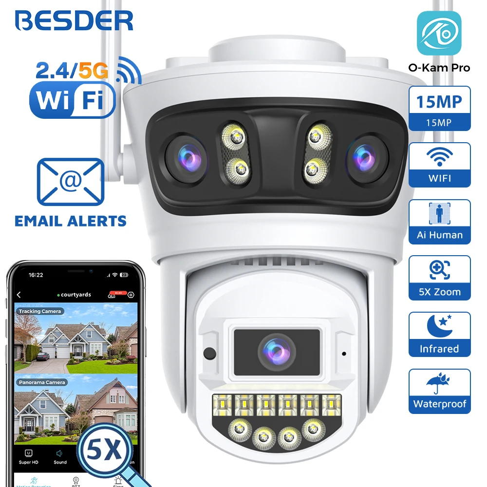 BESDER 15MP Wifi IP Camera PTZ 10MP Three Screen 180° Wide Angle Outdoor Auto Tracking 8MP CCTV Security Protection O-Kam Pro 1