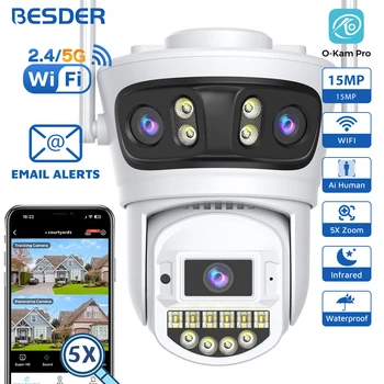BESDER 15MP Wifi IP Camera PTZ 10MP Three Screen 180° Wide Angle Outdoor Auto Tracking 8MP CCTV Security Protection O-Kam Pro 1