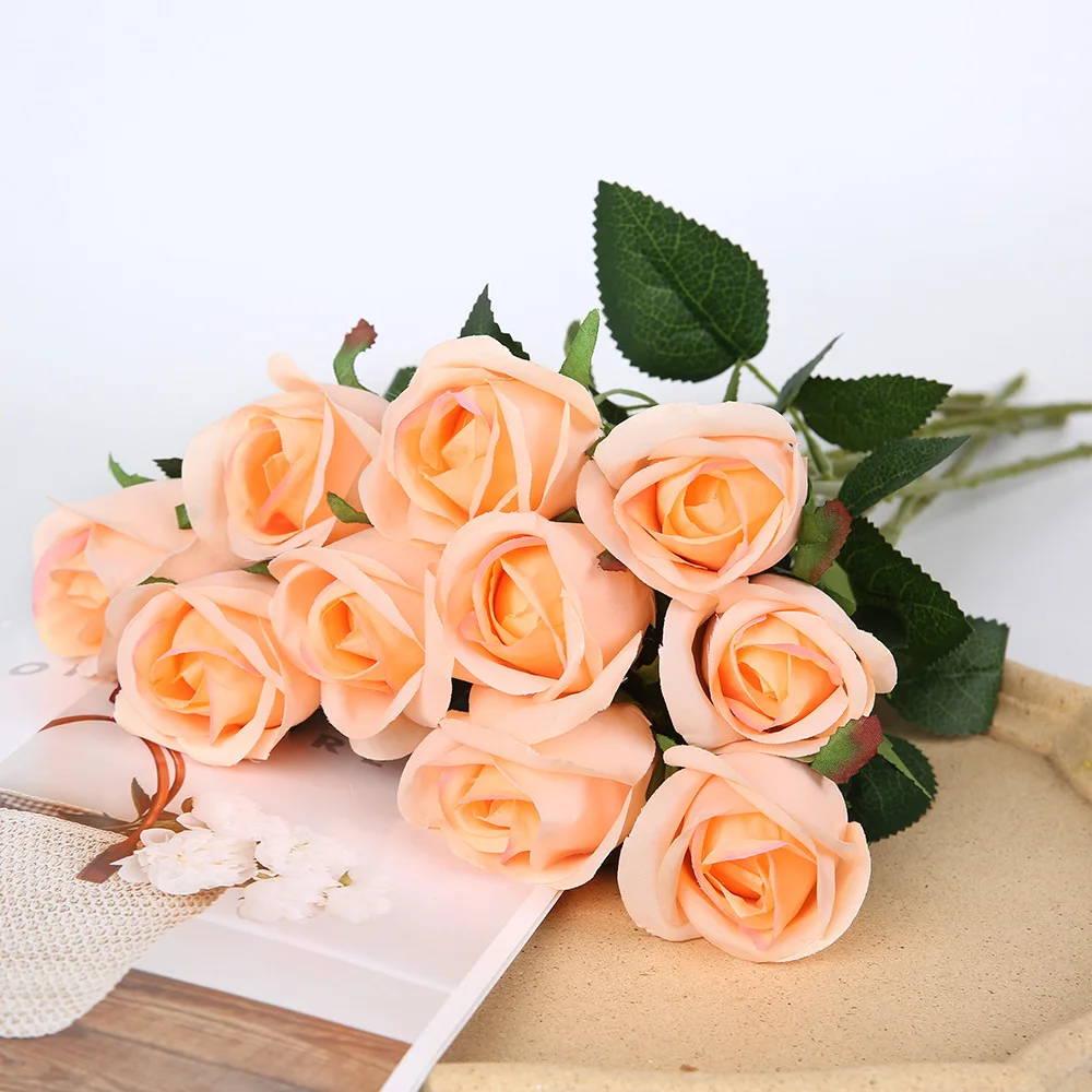 Fiori artificiali Rosa di seta 10 teste Bellissimo bouquet di fiori finti Home Garden Office Decor Decorazione della tavola di nozze bordeaux  15