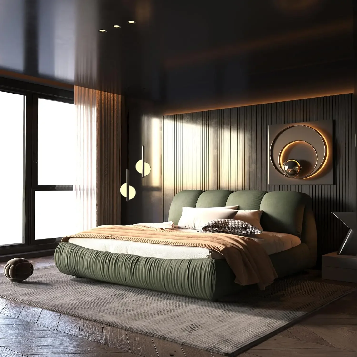Luxury Queen Size Upholstered Platform Bed with Oversized Padded Backrest,Thickening Pinewooden Slats and Metal Leg,Green 4