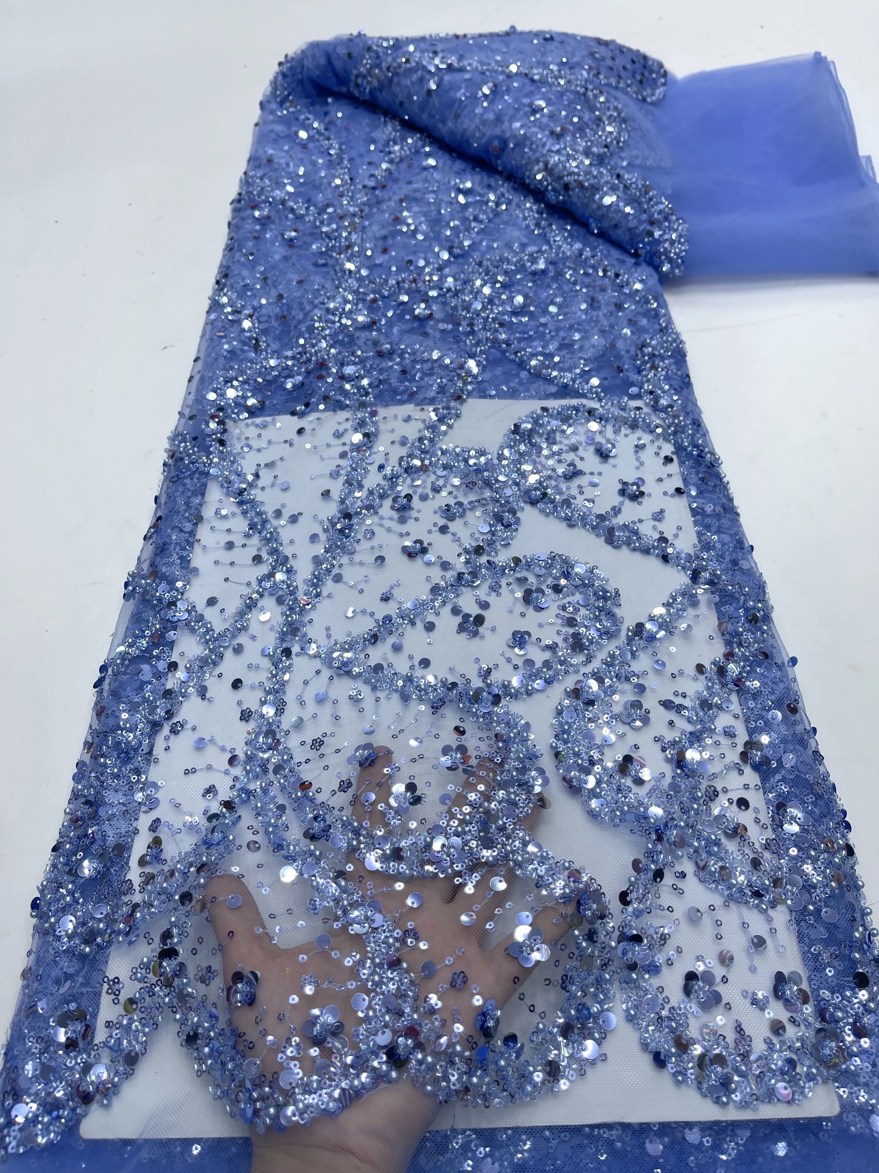 

Luxury African Lace Fabric 2024 High Quality French Sequins Embroidery Beads and Pearls Tulle Mesh Lace Fabric For Party Dress