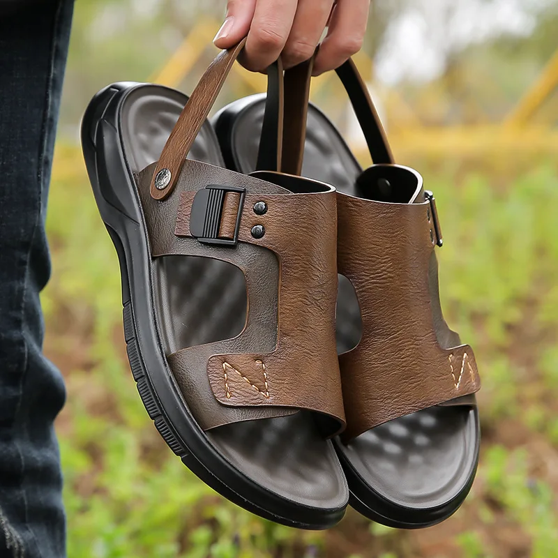 Men's Summer Sandals 2026 New Style Soft Bottom Thick Heel Beach Shoes Anti-Slip Indoor Outdoor Slippers Breathable round Toe