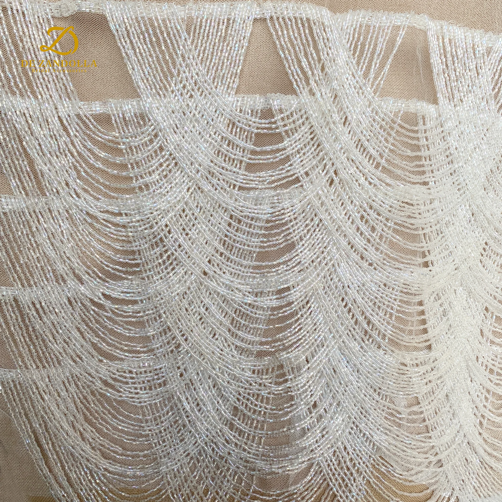 Clear White 5 Stripes Beads Wave Tassel Fringe Sewing Mesh Lace For Fashion Dresses Wedding Party Evening Accessories Patch