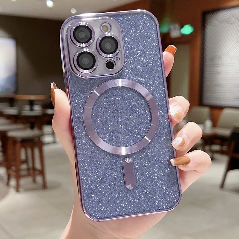 thumbnail image 1 of For Magsafe Electroplate Lens Protector Phone Case For iPhone 15 11 12 13 14 Pro Max Plus Wireless Charge Bumper Glitter Cover, 1 of 5
