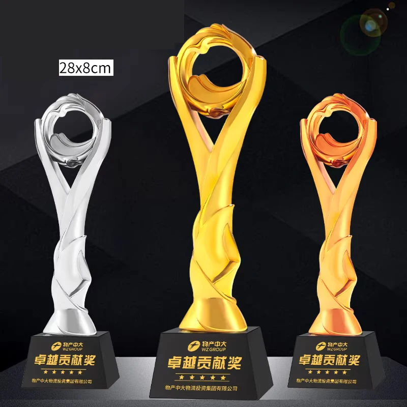 Customized Resin Trophy, Gold, Silver, Copper, Excellent Employee Sports Competition Souvenirs, Free Lettering Crystal Base, 1Pc