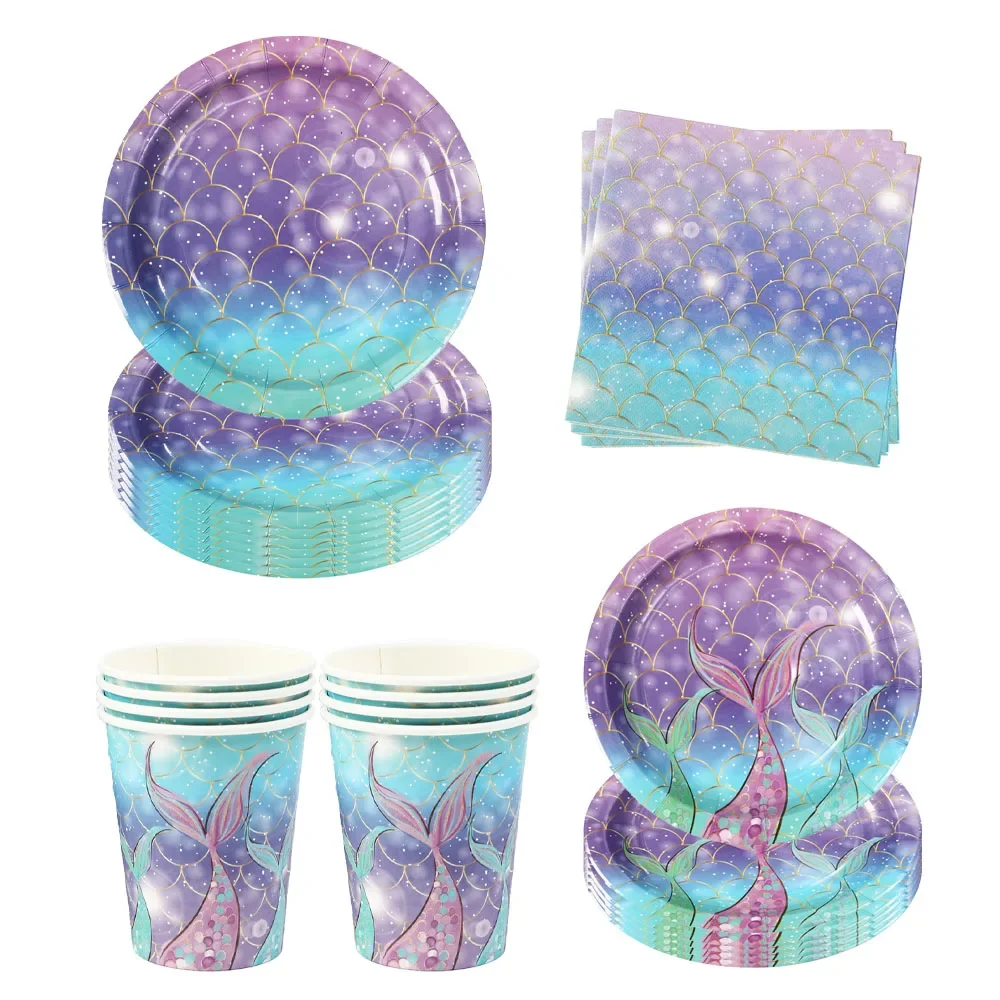 Mermaid Birthday Decorations Girl Disposable Paper Plates Cups Napkins Plastic