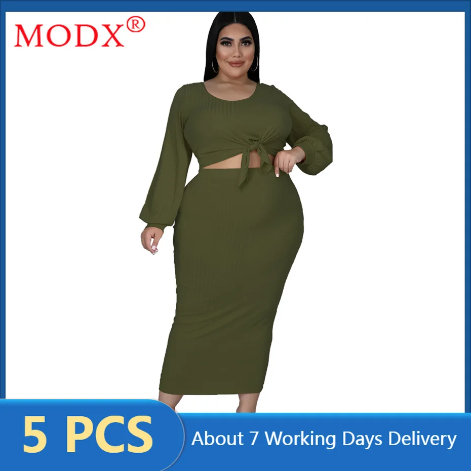 Bulk Items Wholesale Lots Women Dress Set Plus Size Clothes L-5XL Long  Sleeve Crop Top + Maxi Skirt 2 Piece Set Outfits M8934