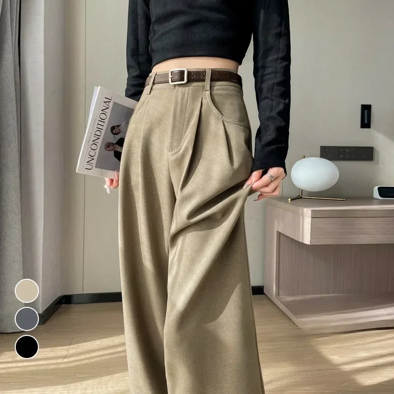 

New Fashion Casual High Waist Women Loose Straight Wide Leg Pants Baggy Pants Korean Style Plus Size Elegant Solid Suit Pants