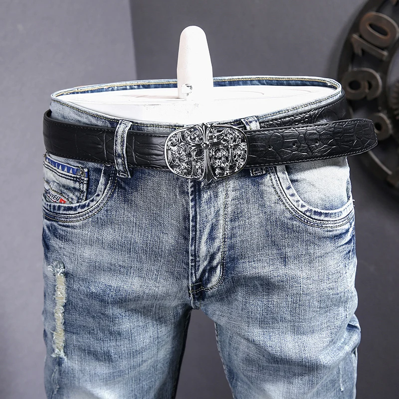 Fashion Designer Men Jeans Retro Light Blue Elastic Slim Fit Hole Ripped Jeans Men Stretch Trousers Vintage Denim Pants Hombre