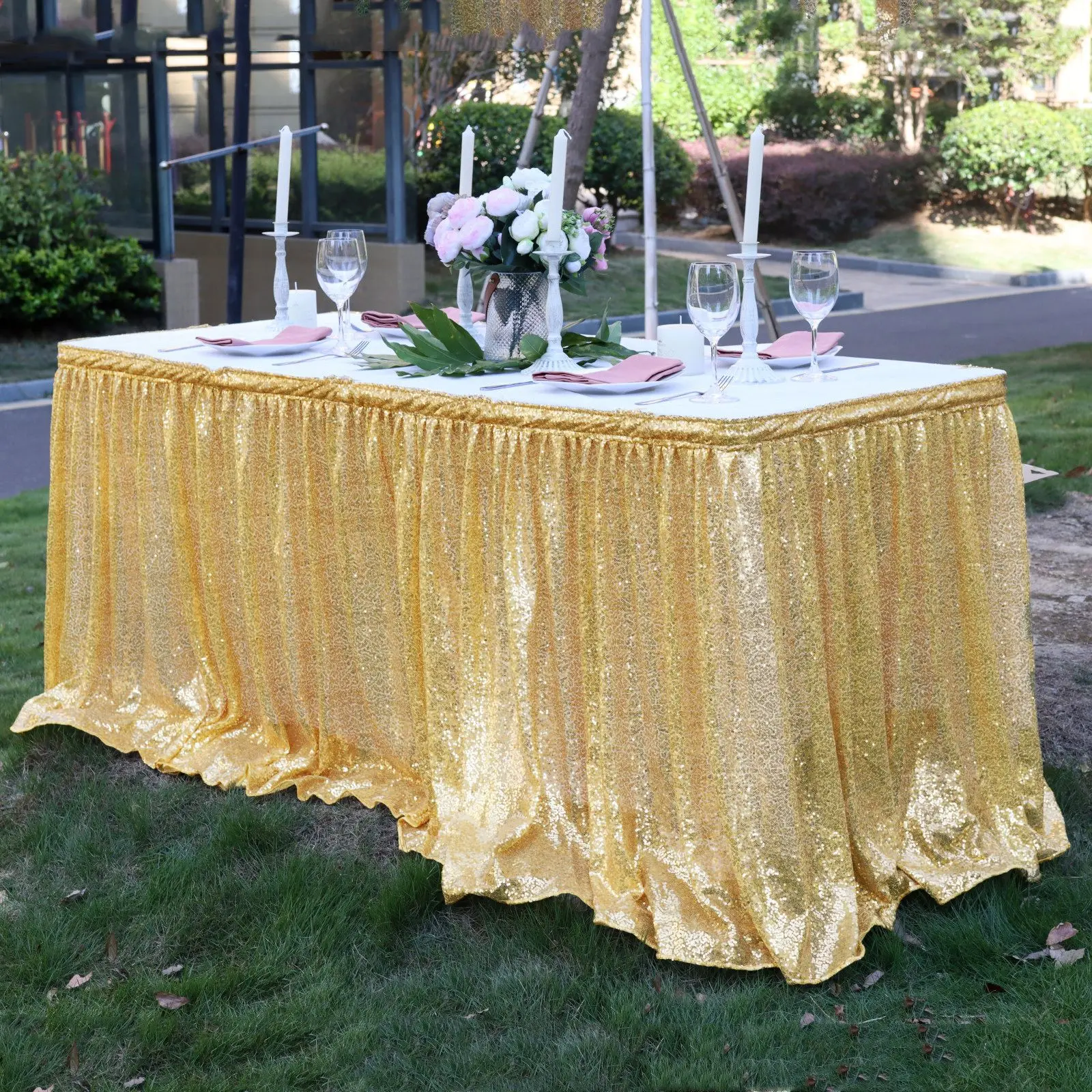 4/6/9/14ft Rose Gold Sequin Table Skirt for Round/Rectangle/Square Table for Birthday Party Wedding Christmas
