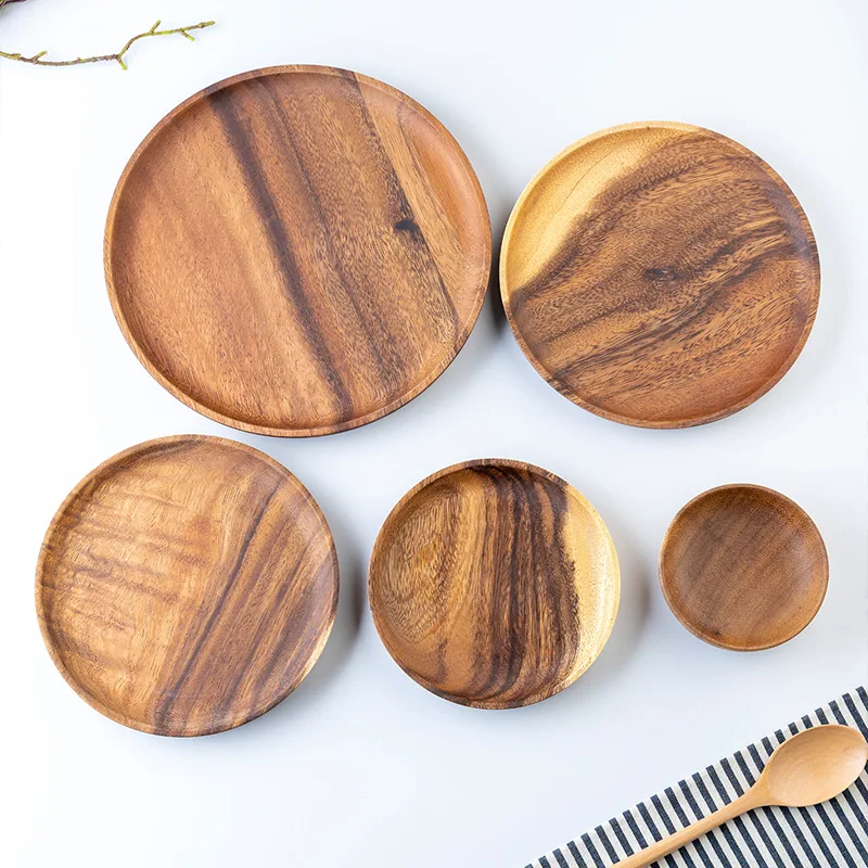 Round Acacia Dish Solid Wood Anti-scalding Wear Resistance Dinner Plate Cuisine Dessert Snack Fruit Dishes Kitchen Restaurant