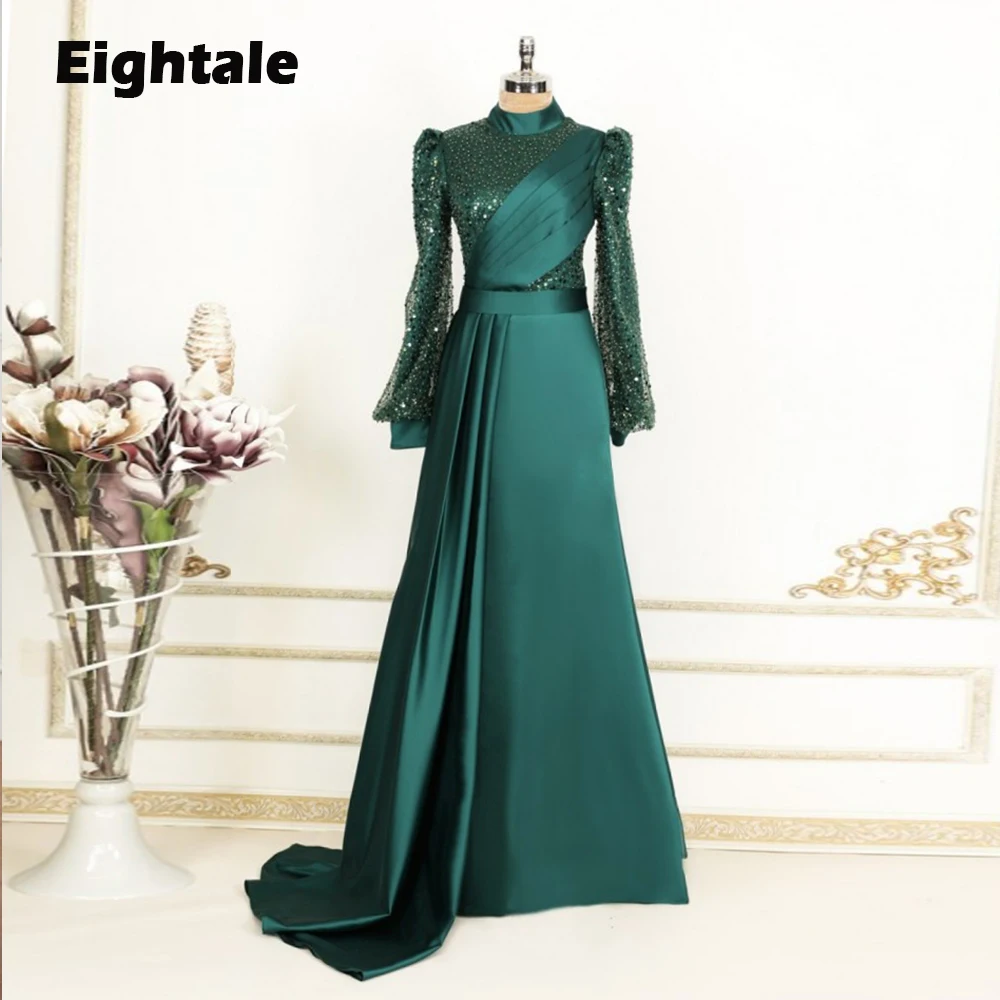 

Eightale Arabic Evening Dress for Wedding Party Emerald Green Sparkly Muslim Dubai Prom Gowns A-Line Celebrity Dress abendkleid